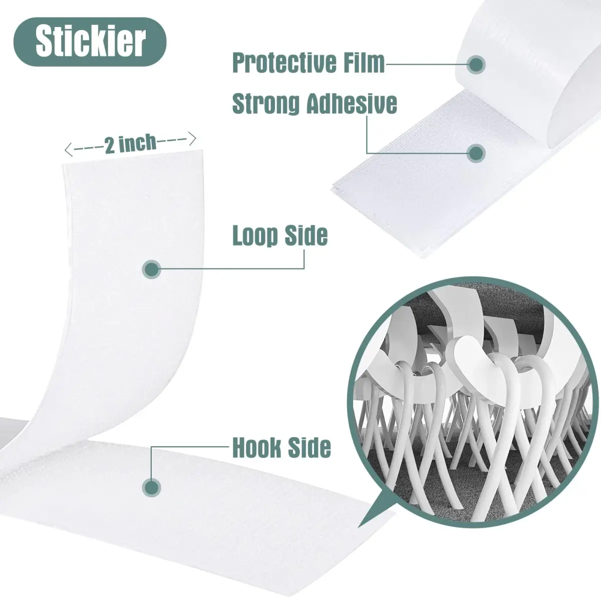 Navona Heavy Duty Hook and Loop Strips with Adhesive, 2 Inch x 54 Feet Total, White | Strong Sticky Back Fastener Roll for Home & Office - view 3