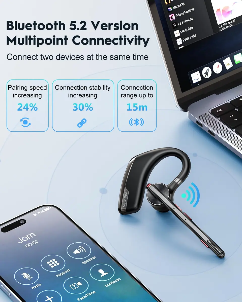 New Bee M51 Bluetooth Headset 2-Pack | Dual Mic Noise Cancelling Wireless Earpiece with 500mAh Charging Case - view 6