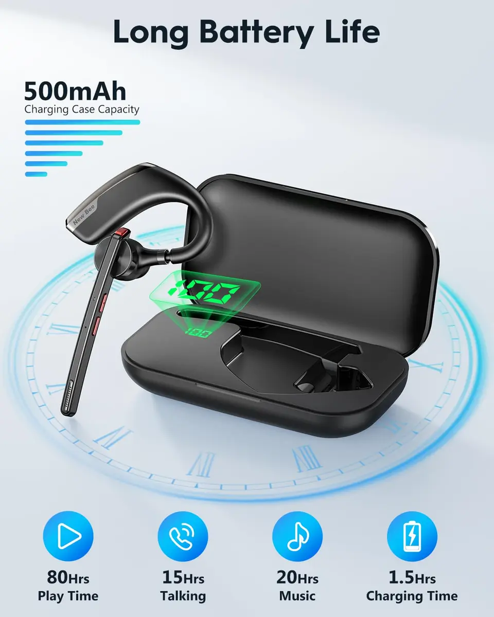 New Bee M51 Bluetooth Headset 2-Pack | Dual Mic Noise Cancelling Wireless Earpiece with 500mAh Charging Case - view 2