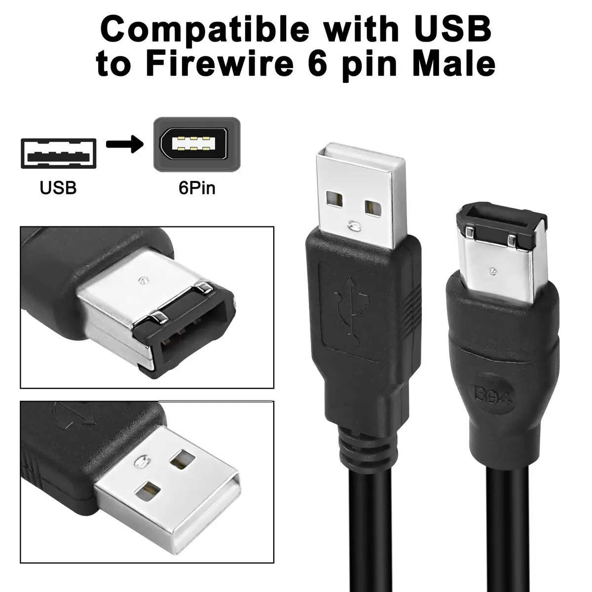 MEIRIYFA Firewire 1394 6-Pin to USB 2.0 Adapter Cable 1.8M | High-Speed Data Transfer for Printers, Scanners, Cameras - view 3
