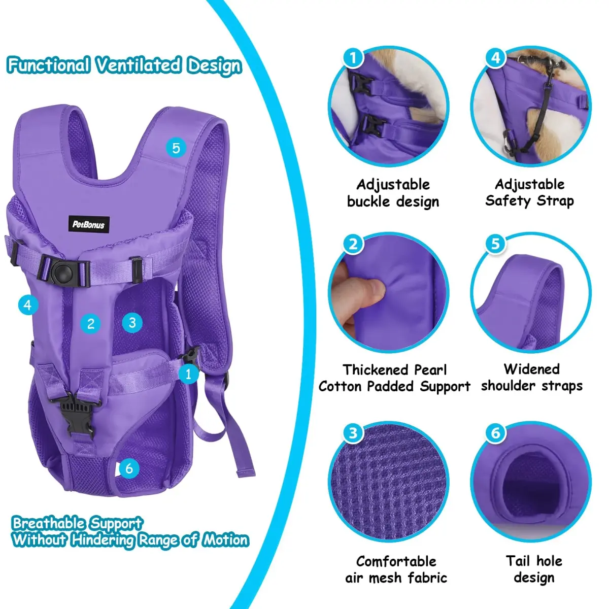 PetBonus Purple Small Dog Carrier Backpack | Hands-Free Hiking Cycling Travel - view 2