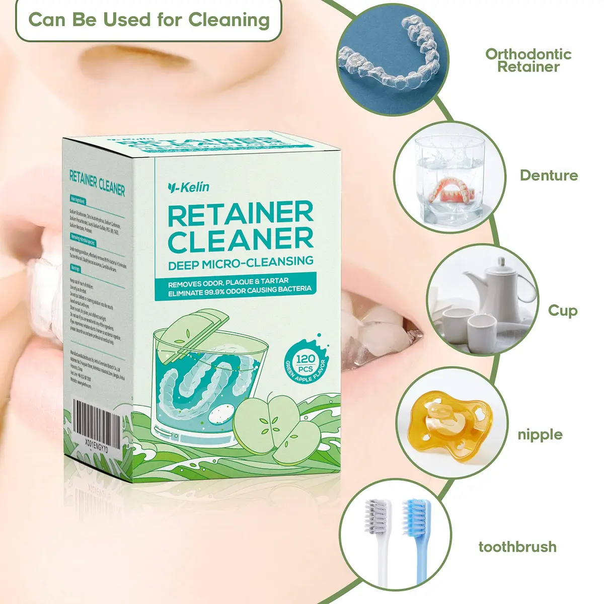 YKL Retainer Cleaner & Denture Cleaning Tablets Fresh Apple Flavor 120 Count (3.99 oz) | Cleans Mouth Guards & Invisalign - view 5