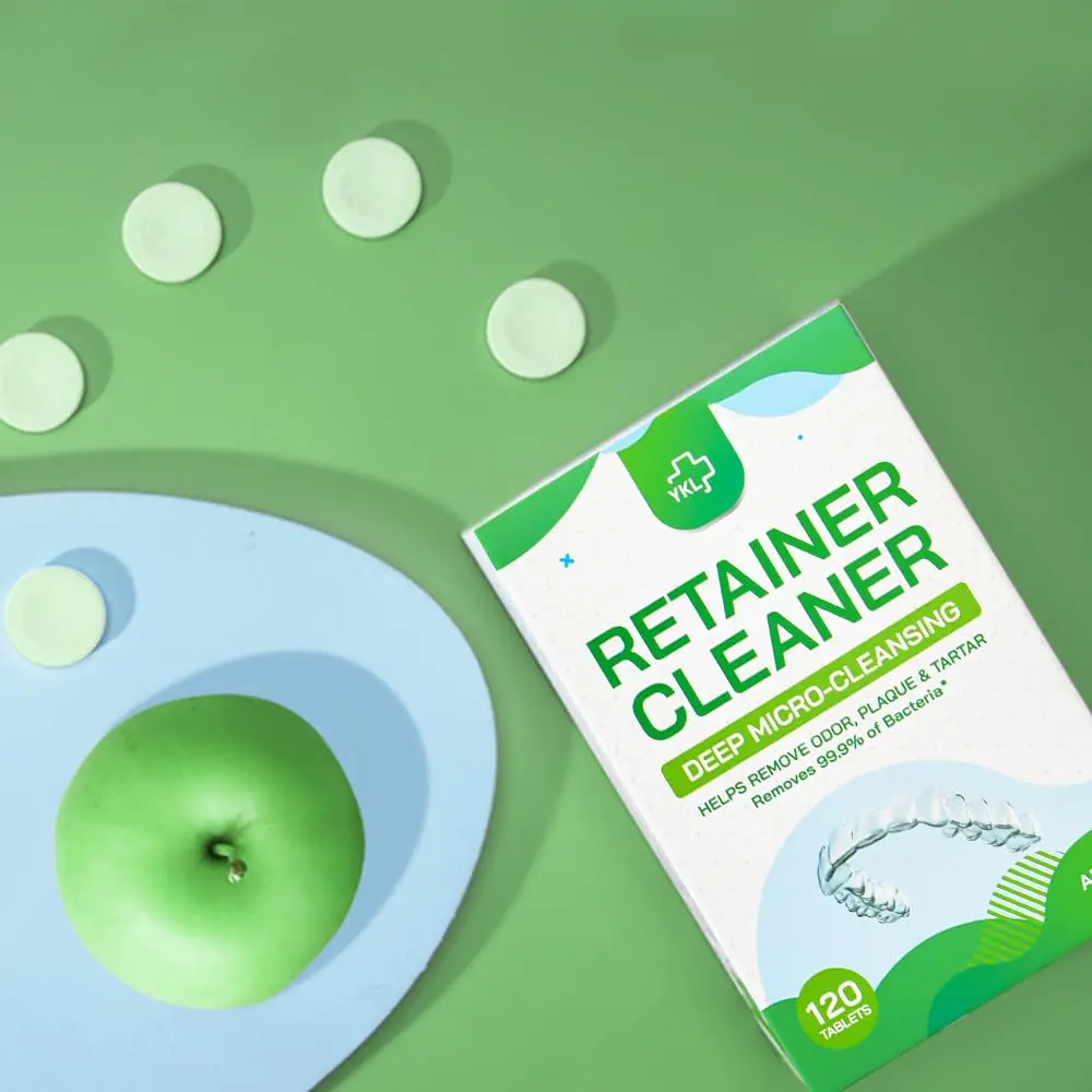 YKL Retainer Cleaner & Denture Cleaning Tablets Fresh Apple Flavor 120 Count (3.99 oz) | Cleans Mouth Guards & Invisalign - view 2