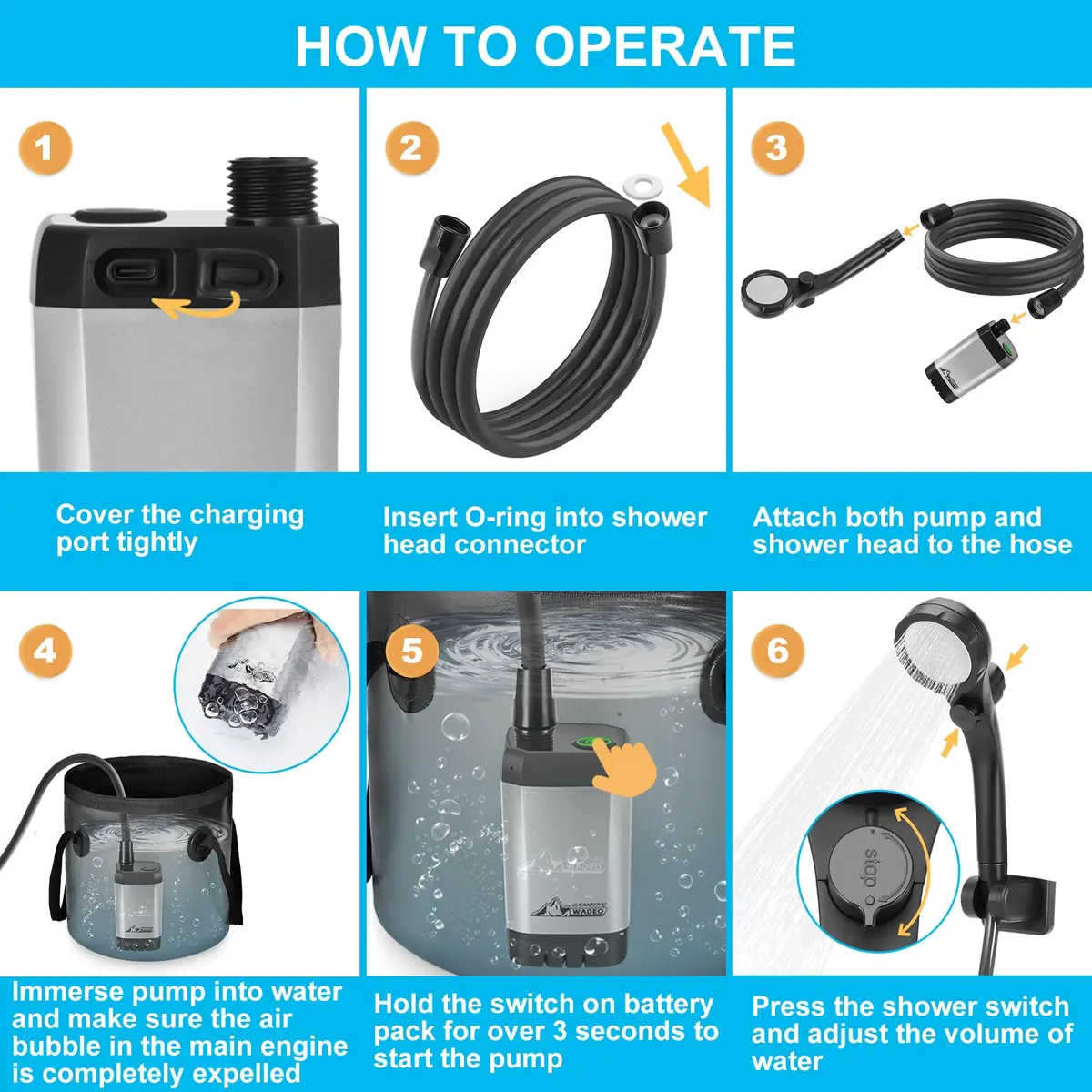 WADEO Portable Camping Shower with Digital Display & 6000mAh Battery | 5 L/min Flow Rate - view 7