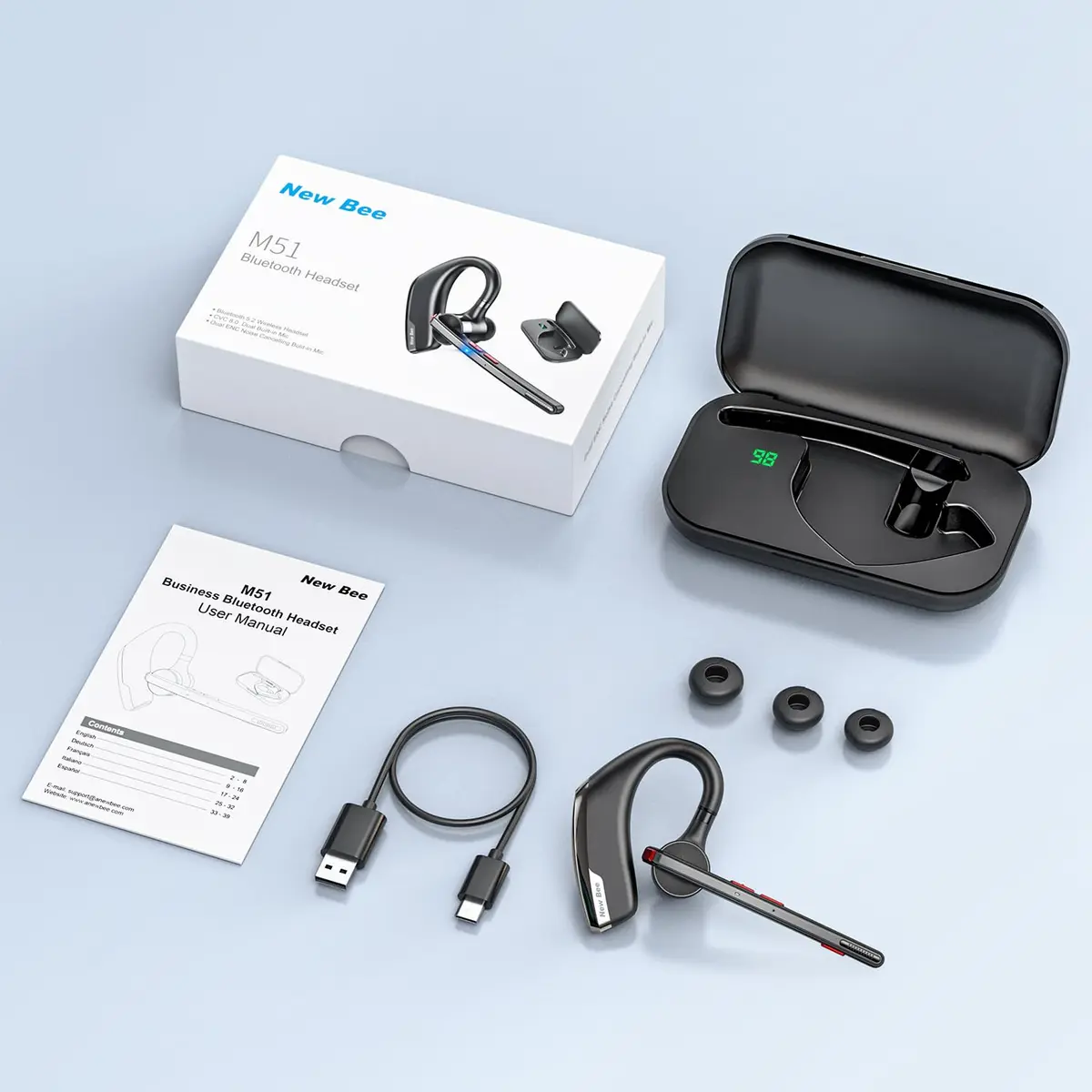 New Bee M51 Bluetooth Headset with Charging Case | Dual Mic Noise Cancelling Earpiece - view 7