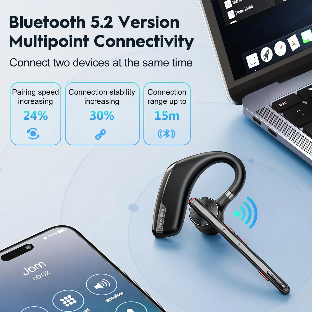 New Bee M51 Bluetooth Headset with Charging Case | Dual Mic Noise Cancelling Earpiece - view 4
