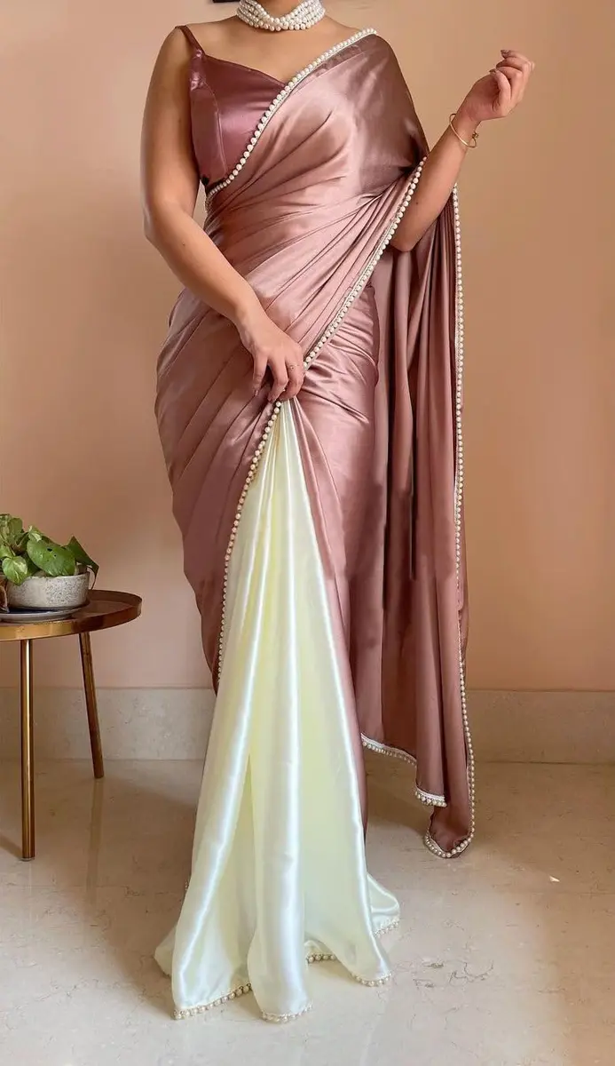 BRAHMSHAKTI Satin Half Saree with Blouse Beige One Size | Traditional & Modern Touch - view 3