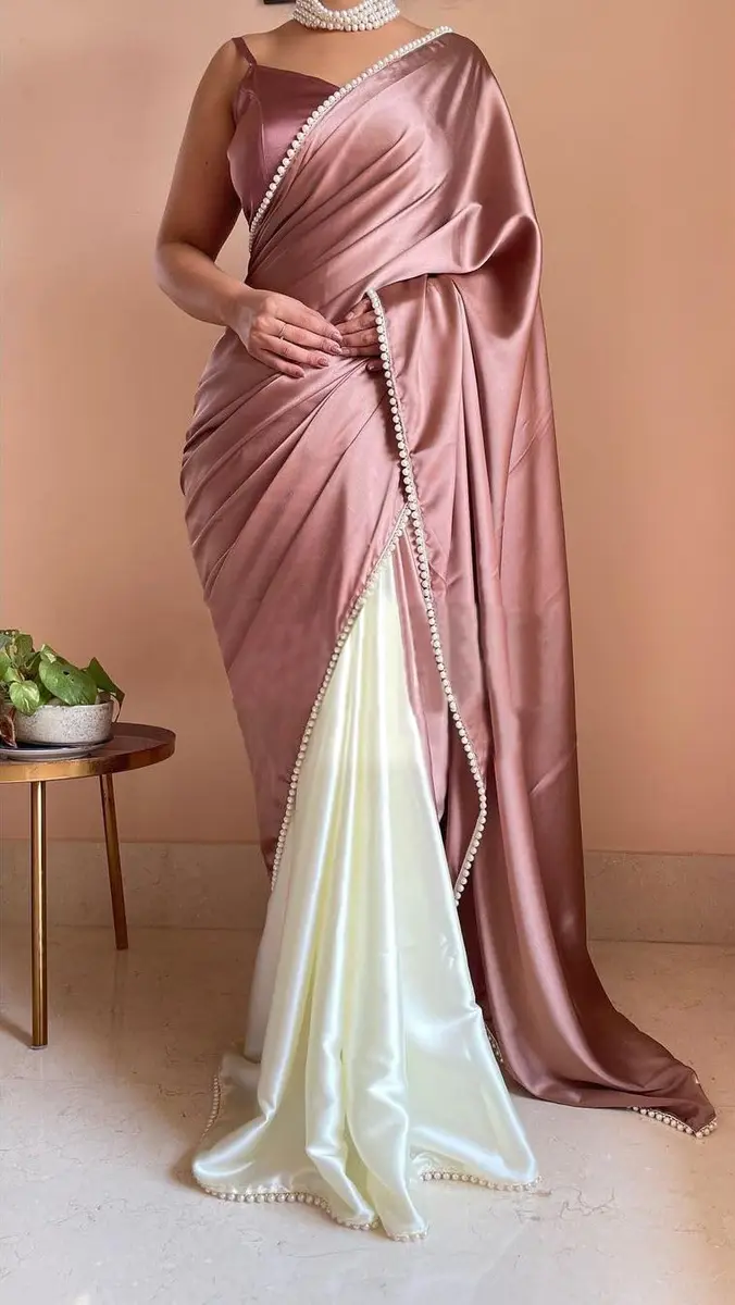BRAHMSHAKTI Satin Half Saree with Blouse Beige One Size | Traditional & Modern Touch - view 4