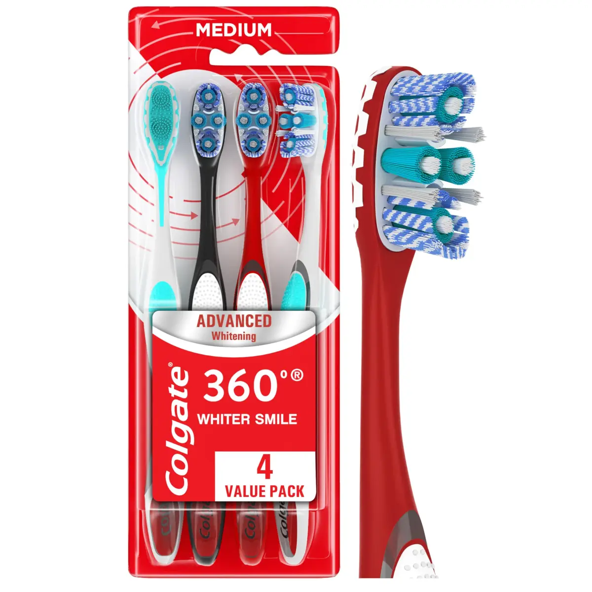 Colgate 360 Advanced Whitening Medium Toothbrush Pack, 4 Count | Spiral Bristles for Deep Clean - main product image