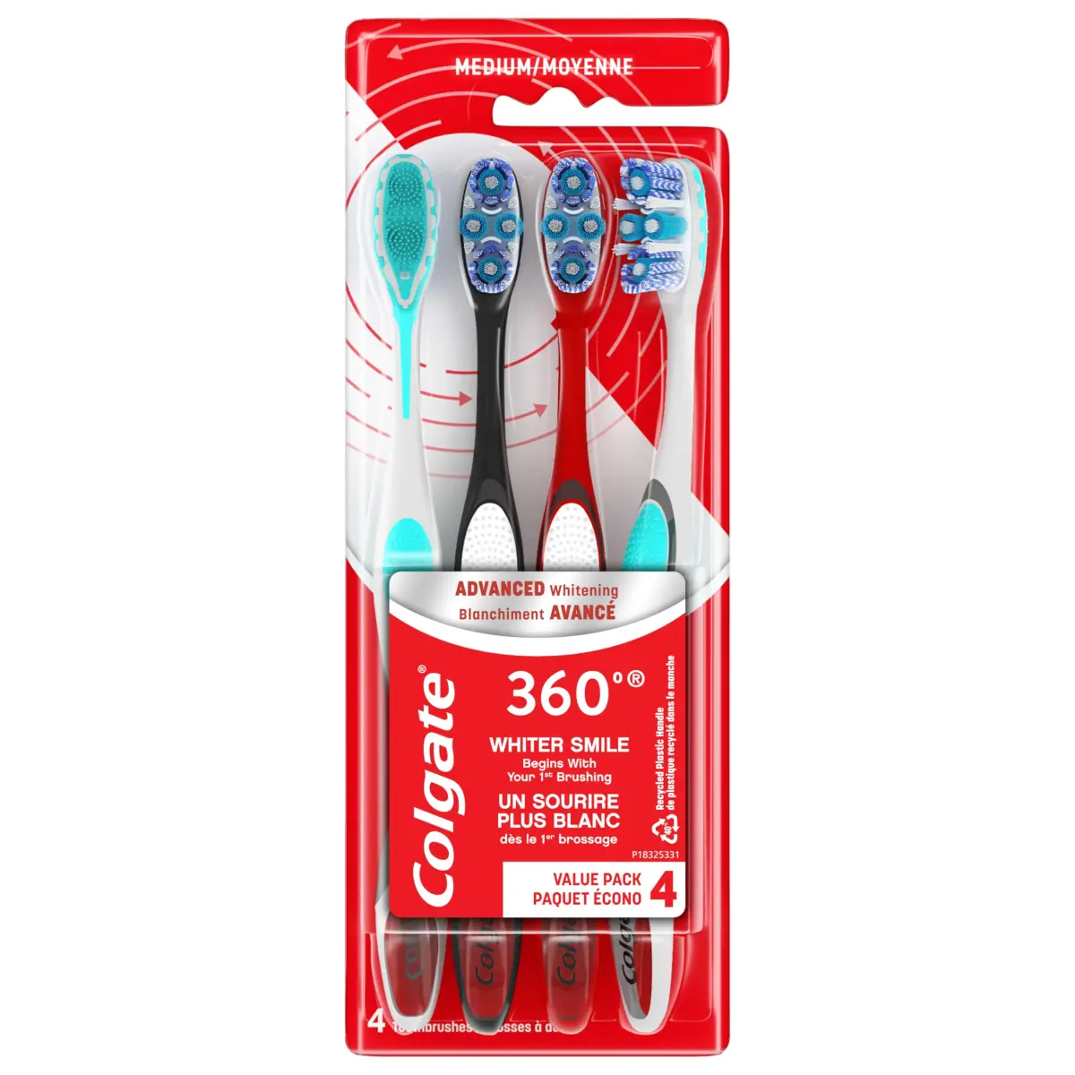 Colgate 360 Advanced Whitening Medium Toothbrush Pack, 4 Count | Spiral Bristles for Deep Clean - view 7