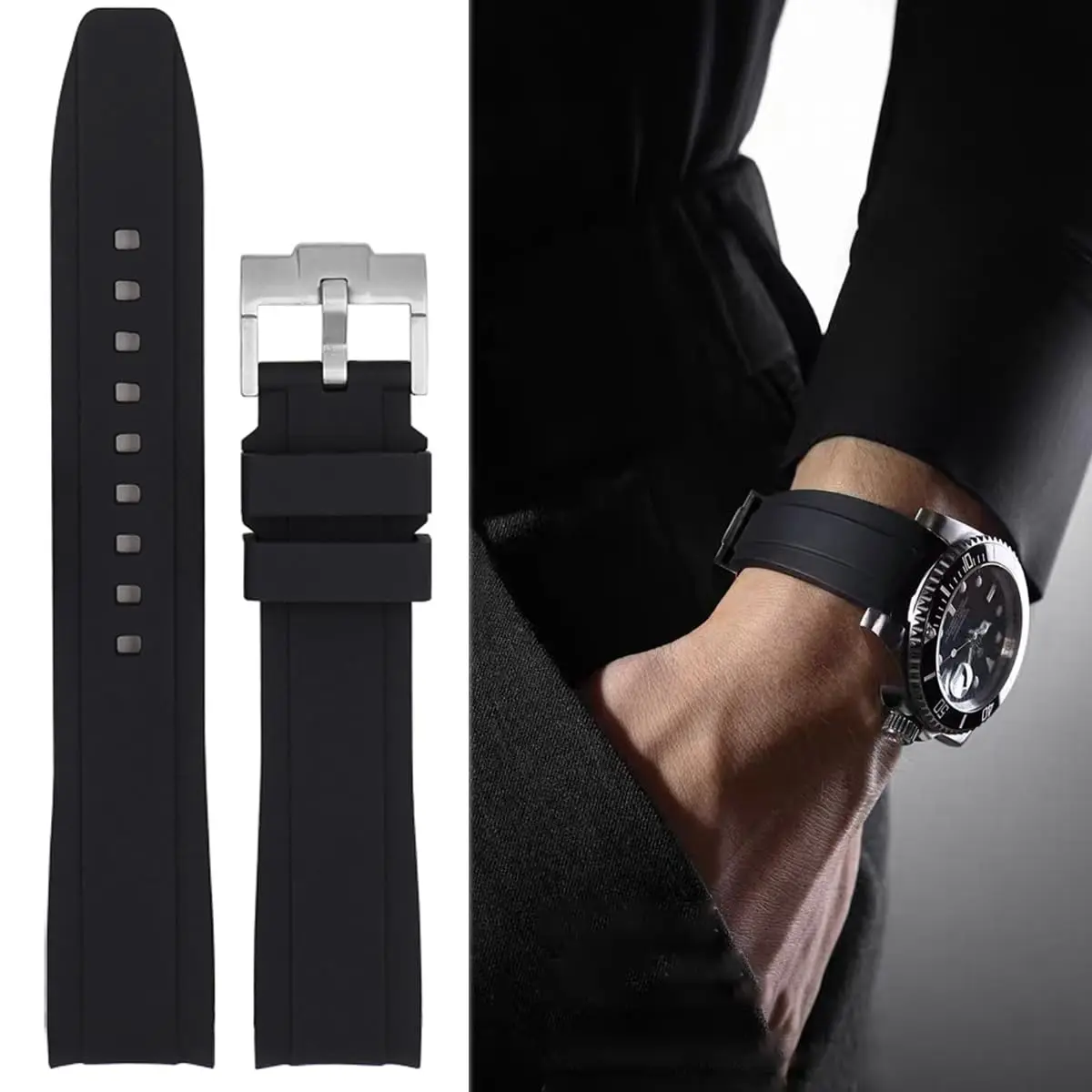 Niziruoup Watch Band for Omega Swatch Rolex 22mm | Curved No Gap Silicone Rubber Strap - view 3