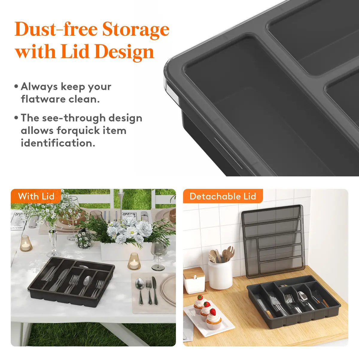 Lifewit Silverware Organizer with Lid, 12.6x11.8, Dust-Free Storage, BPA-Free, Modern Design - view 2