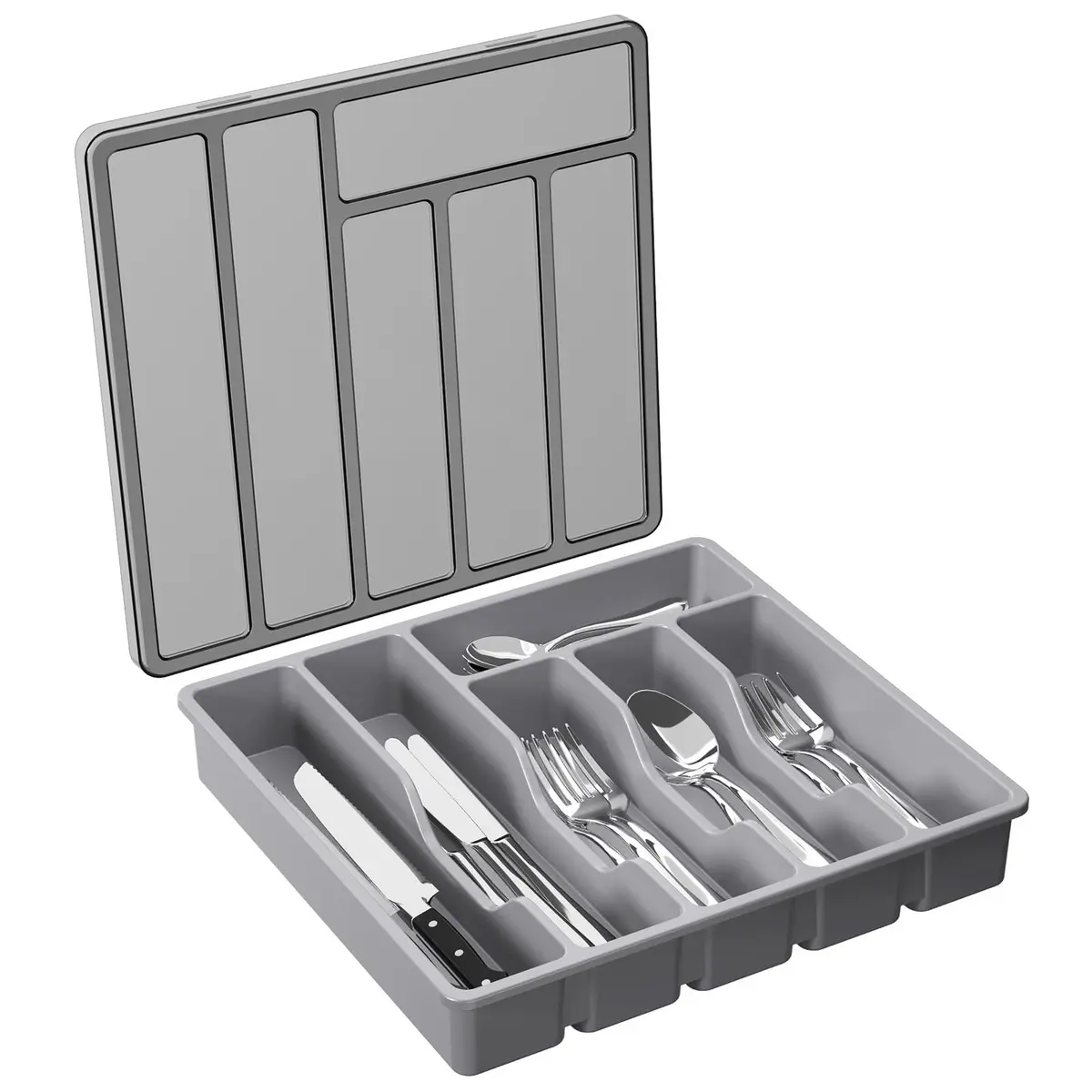Lifewit Silverware Organizer with Lid, Covered Utensil Tray, 12.6x11.8 | Dust-Free Storage & 6 Compartments - main product image