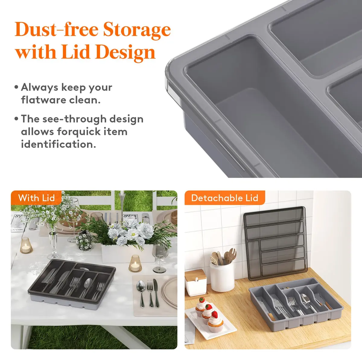 Lifewit Silverware Organizer with Lid, Covered Utensil Tray, 12.6x11.8 | Dust-Free Storage & 6 Compartments - view 2