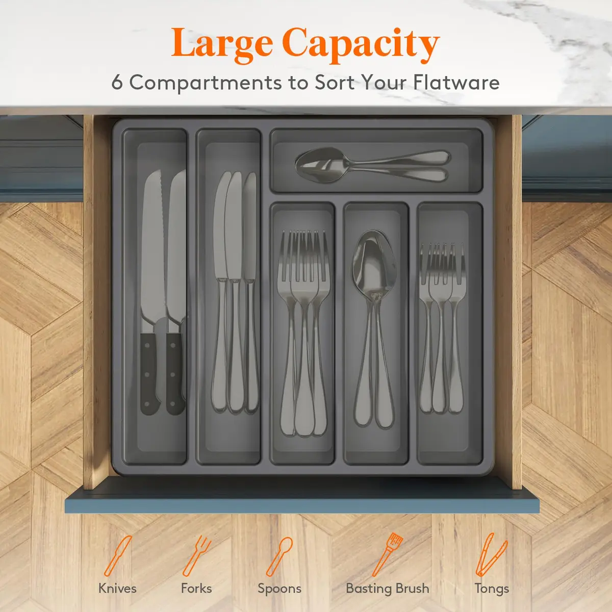Lifewit Silverware Organizer with Lid, Covered Utensil Tray, 12.6x11.8 | Dust-Free Storage & 6 Compartments - view 3