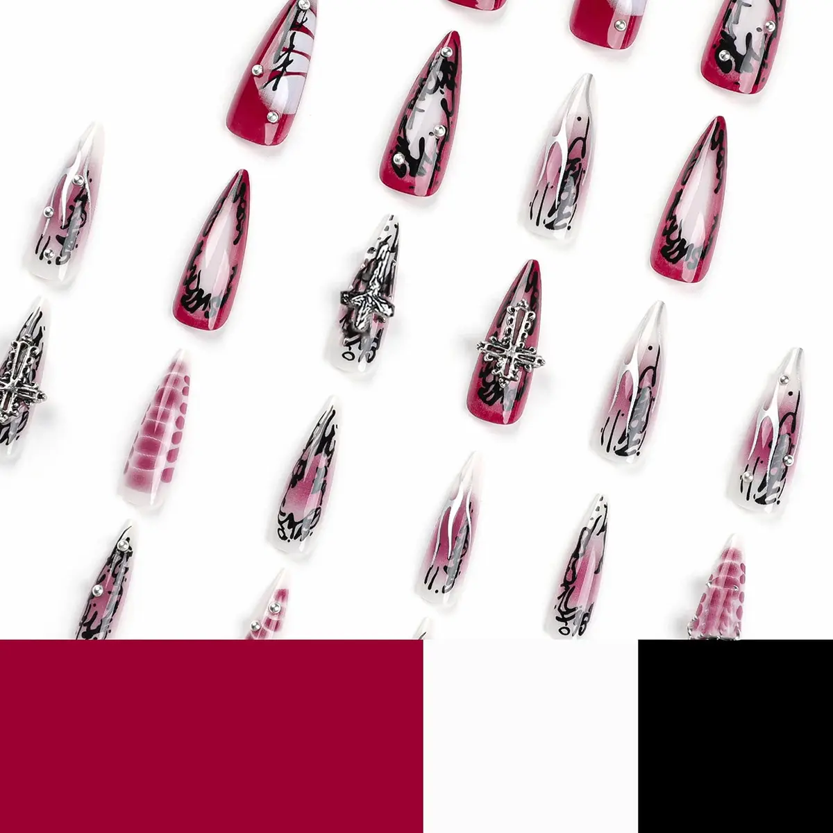 MISUD Press on Nails - Long Stiletto Goth Red Black | Acrylic Gothic Cross Design - view 5