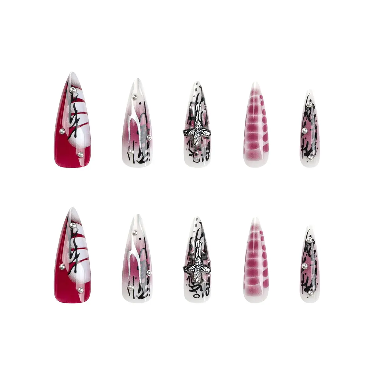 MISUD Press on Nails - Long Stiletto Goth Red Black | Acrylic Gothic Cross Design - view 2