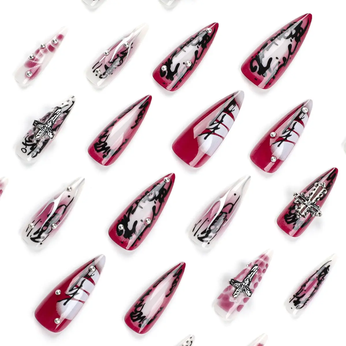 MISUD Press on Nails - Long Stiletto Goth Red Black | Acrylic Gothic Cross Design - view 4