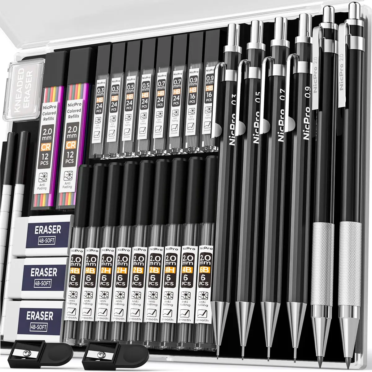 Nicpro 34PCS Black Art Mechanical Pencils Set, Metal Automatic Pencil 0.3, 0.5, 0.7, 0.9 mm & 2PCS 2mm Lead Holder | Sketching Drawing - main product image
