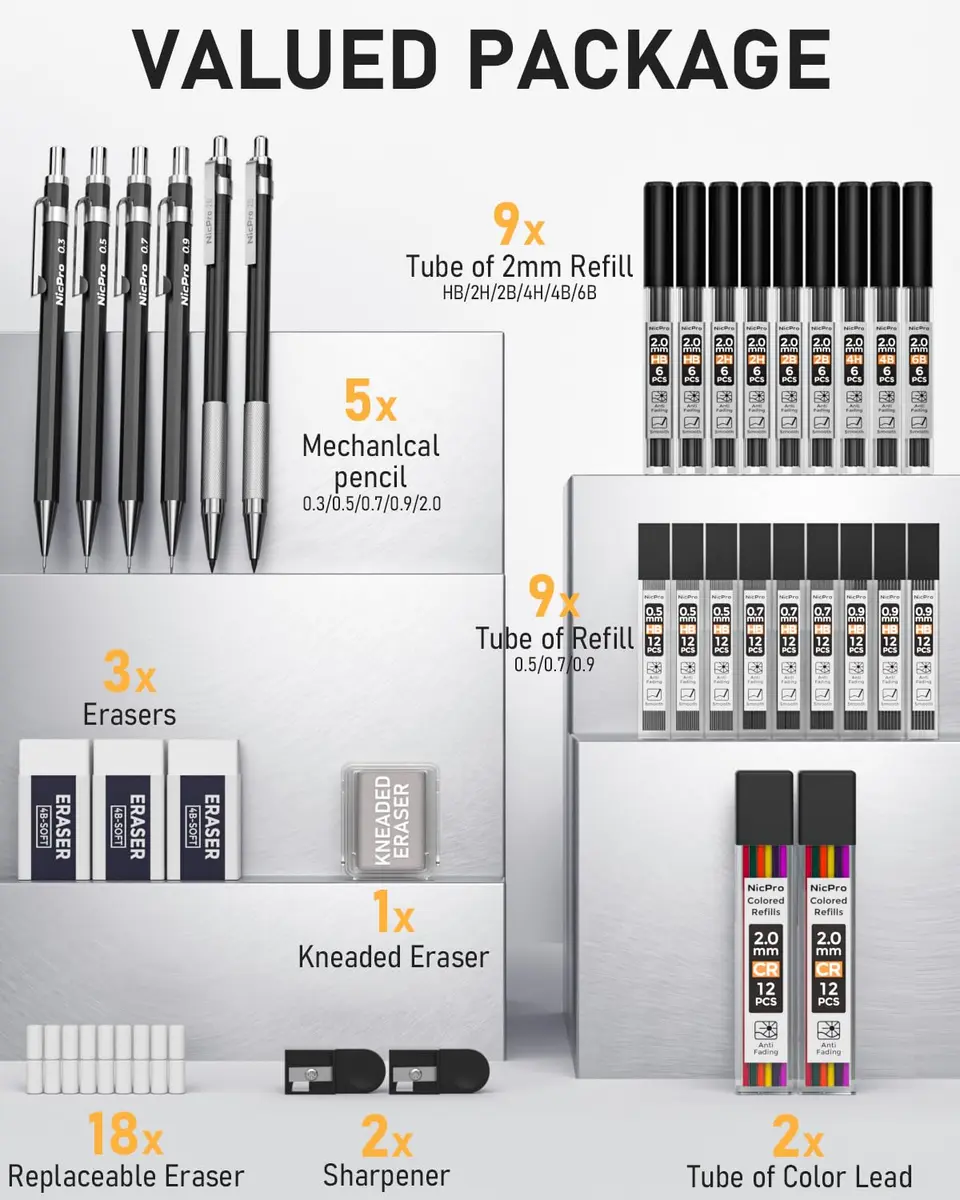 Nicpro 34PCS Black Art Mechanical Pencils Set, Metal Automatic Pencil 0.3, 0.5, 0.7, 0.9 mm & 2PCS 2mm Lead Holder | Sketching Drawing - view 6