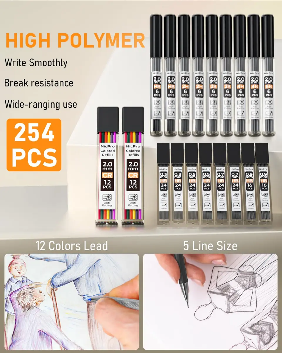 Nicpro 34PCS Black Art Mechanical Pencils Set, Metal Automatic Pencil 0.3, 0.5, 0.7, 0.9 mm & 2PCS 2mm Lead Holder | Sketching Drawing - view 7