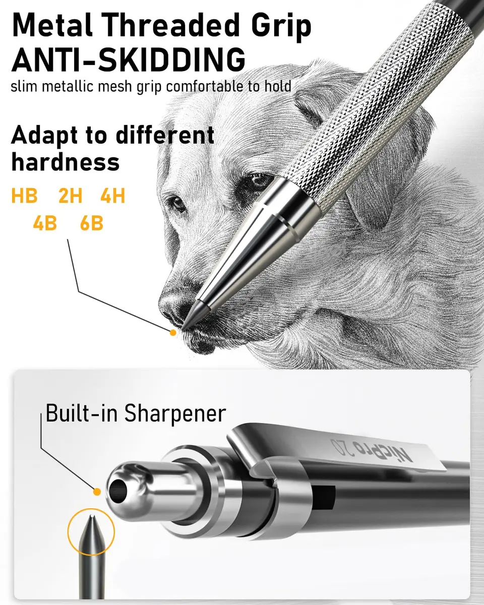 Nicpro 34PCS Black Art Mechanical Pencils Set, Metal Automatic Pencil 0.3, 0.5, 0.7, 0.9 mm & 2PCS 2mm Lead Holder | Sketching Drawing - view 2
