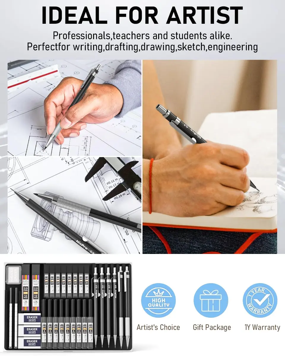 Nicpro 34PCS Black Art Mechanical Pencils Set, Metal Automatic Pencil 0.3, 0.5, 0.7, 0.9 mm & 2PCS 2mm Lead Holder | Sketching Drawing - view 3