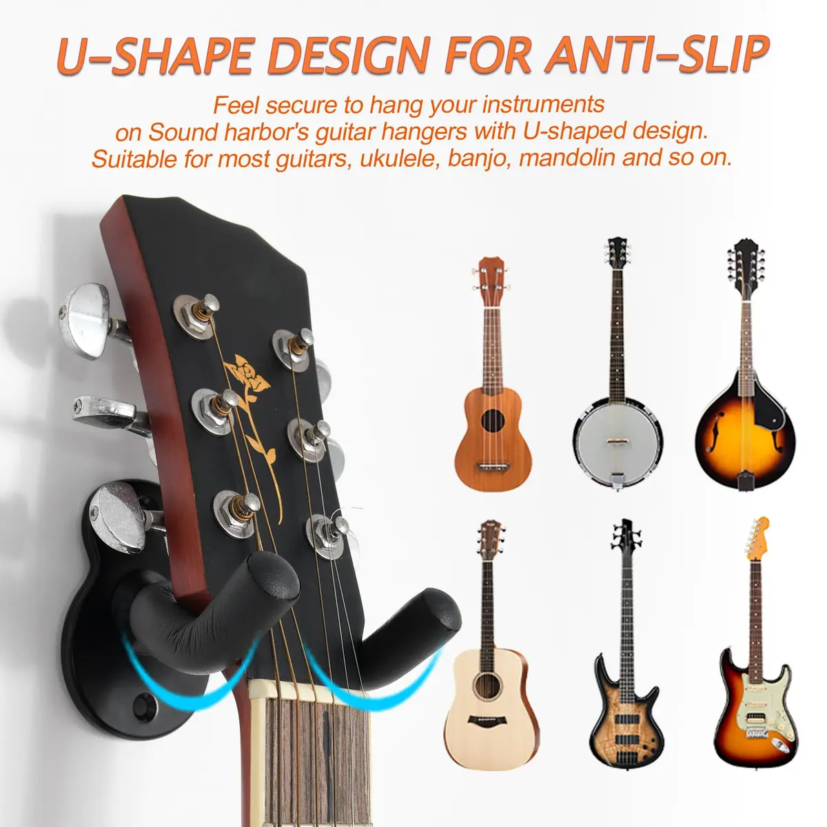 Sound harbor Guitar Wall Mount 5 Pack | Steel & Soft Padding, Holds 27.2 kg (60 lb) - view 4