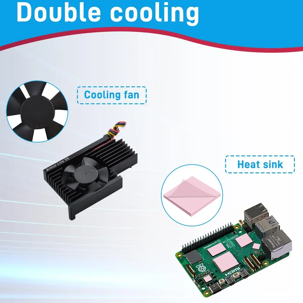 GeeekPi Active Cooler for Raspberry Pi 5, Armor Lite V5 Cooler Aluminum Heatsink & Fan 4GB/8GB | Supports PWM Speed Control - view 3