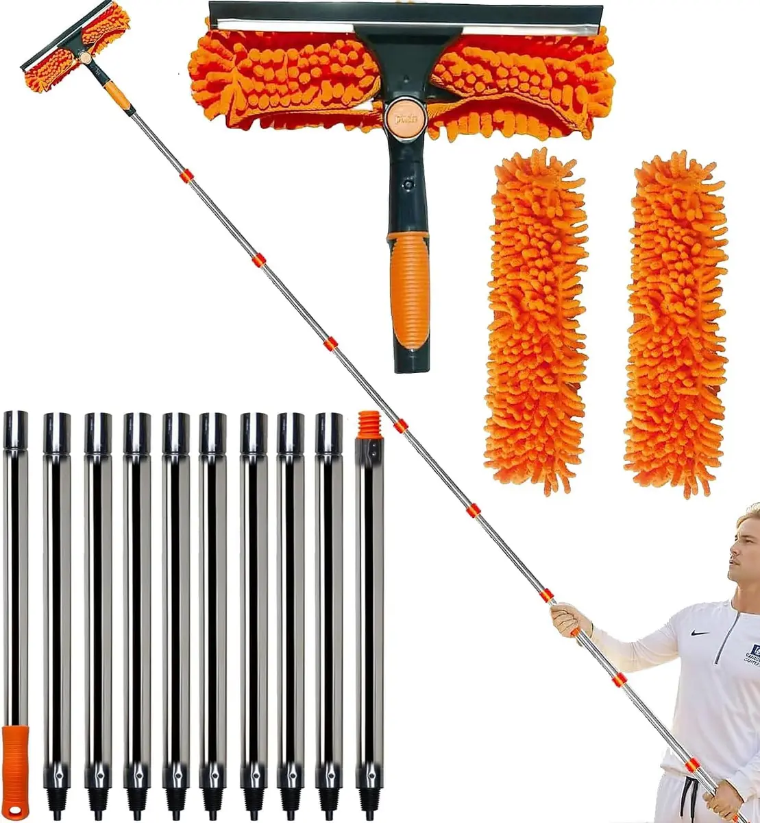 Tonmp 20+ Feet Reach 2 in 1 Window Washing Squeegee & Duster with 3-14 ft Spliceable Extension Pole | Multi-Use Cleaning Tool for Home & Outdoors - main product image