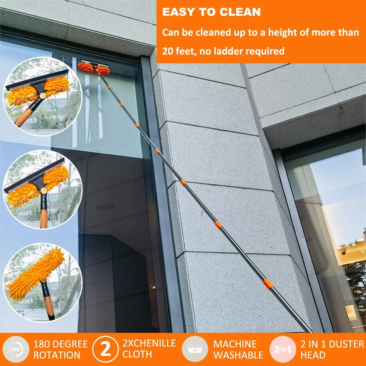 Tonmp 20+ Feet Reach 2 in 1 Window Washing Squeegee & Duster with 3-14 ft Spliceable Extension Pole | Multi-Use Cleaning Tool for Home & Outdoors - view 6