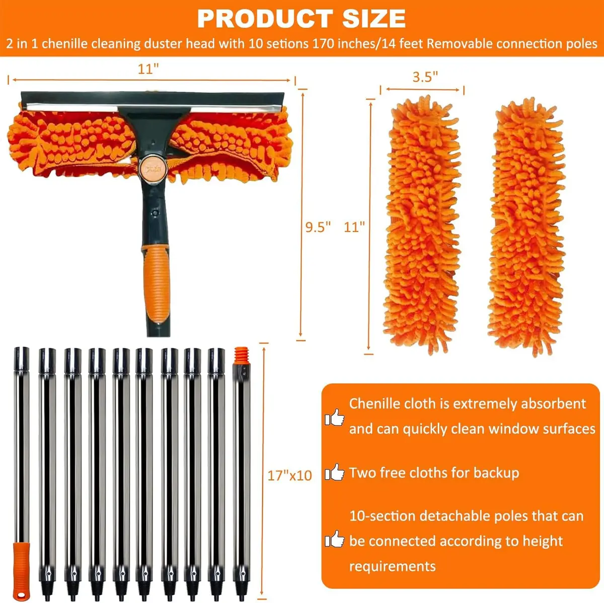Tonmp 20+ Feet Reach 2 in 1 Window Washing Squeegee & Duster with 3-14 ft Spliceable Extension Pole | Multi-Use Cleaning Tool for Home & Outdoors - view 2