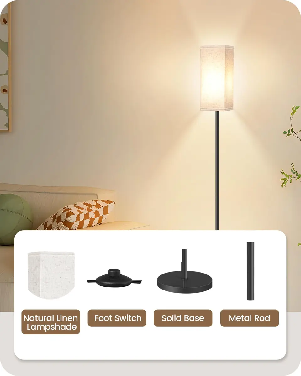 GOEBLESON 64.6" Floor Lamp, Modern Standing Lamp with Foot Switch, Minimalist Linen Shade, Black and Beige, for Living Room & Bedroom - view 5