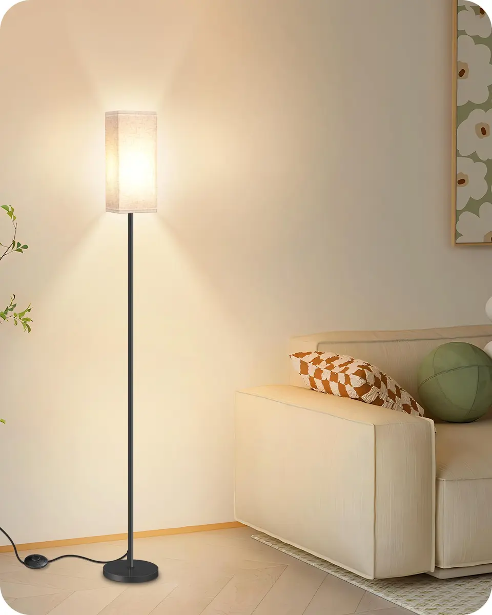 GOEBLESON 64.6" Floor Lamp, Modern Standing Lamp with Foot Switch, Minimalist Linen Shade, Black and Beige, for Living Room & Bedroom - view 6