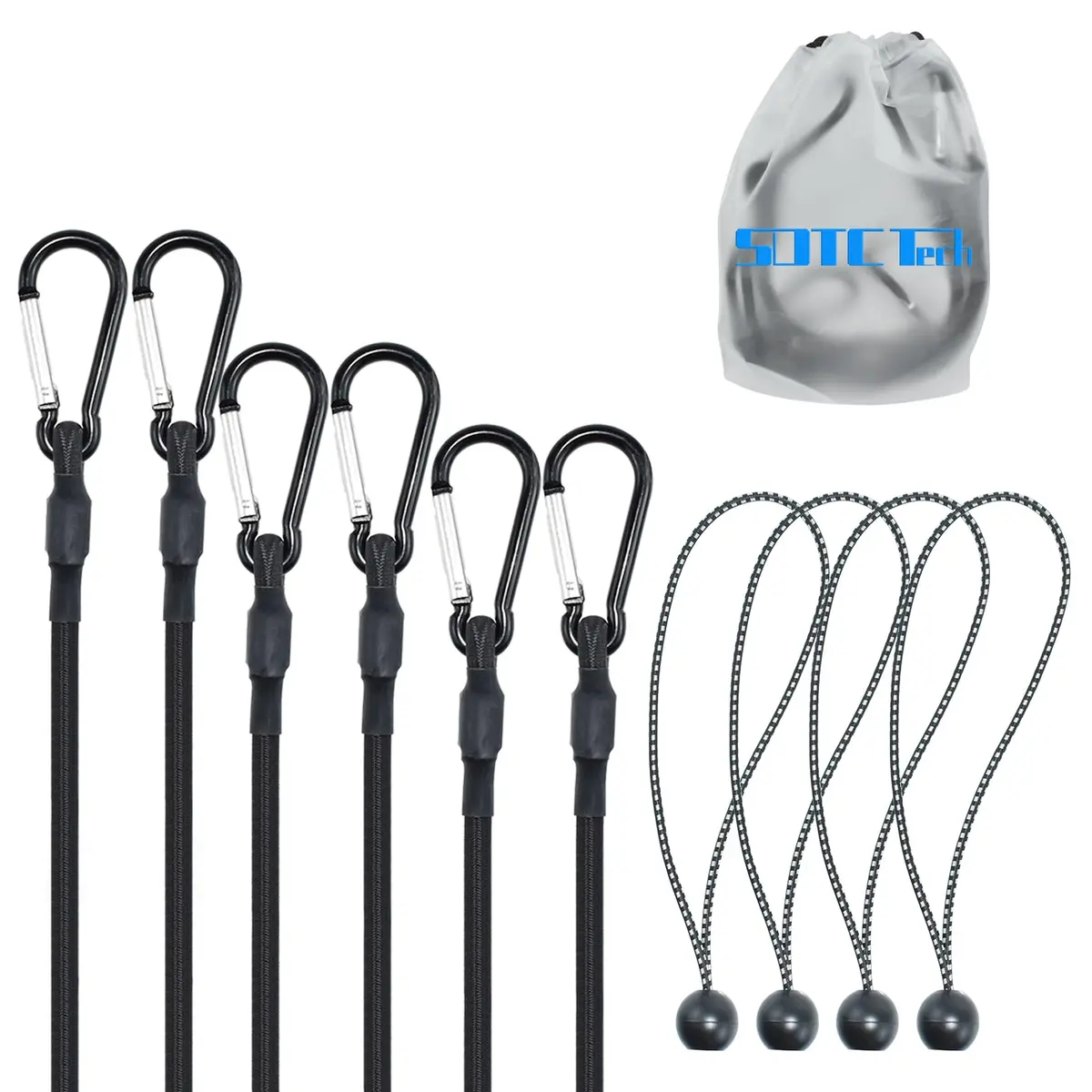 SDTC Tech 12" 18" 24" Mini Short Bungee Cords with Carabiner Hooks Kit | Heavy Duty Latex, 200 lbs Tensile, Rust-Resistant Aluminum Buckle - main product image