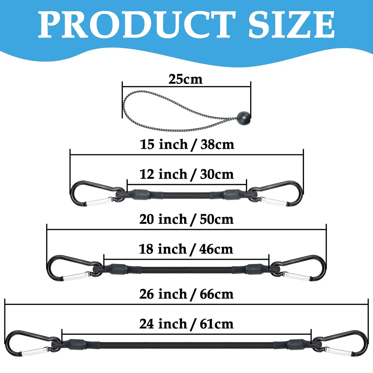 SDTC Tech 12" 18" 24" Mini Short Bungee Cords with Carabiner Hooks Kit | Heavy Duty Latex, 200 lbs Tensile, Rust-Resistant Aluminum Buckle - view 2