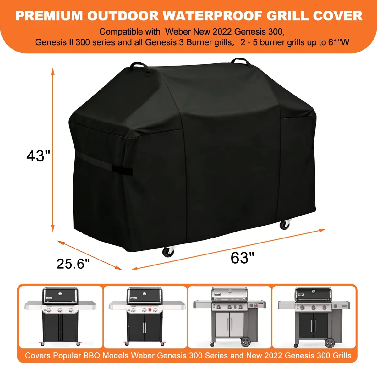 Blackhoso Heavy Duty Grill Cover for Weber Genesis 300 Series & 2022 Genesis 300 Grills, 63"W x 25.6"D x 43"H - view 2
