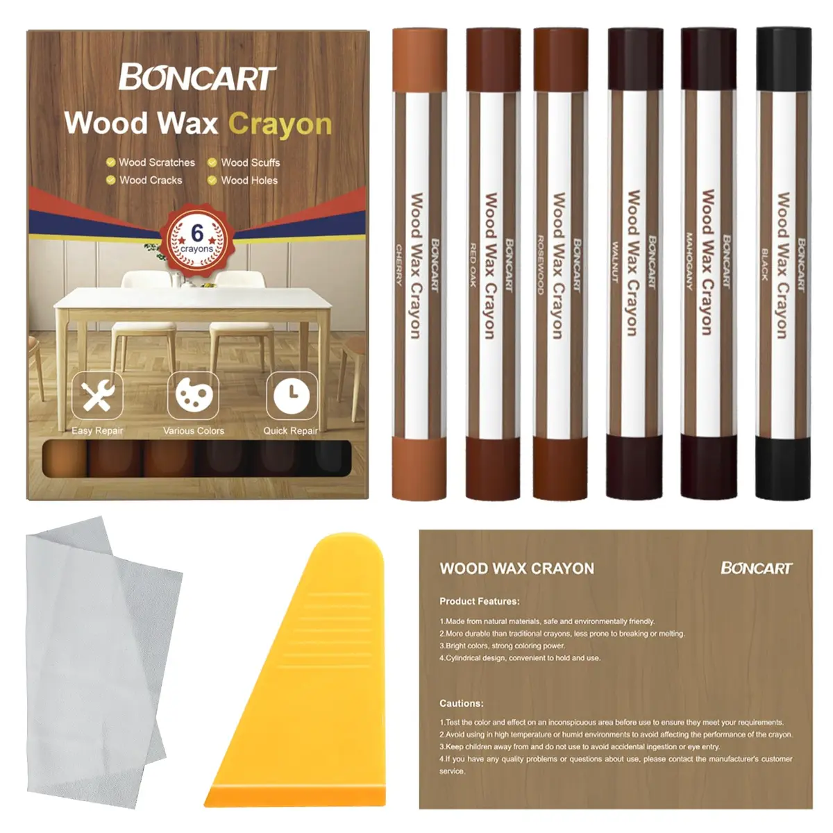 Boncart Wood Filler Sticks, 6 Colors Wood Wax Crayons | Repair Scratches, Scuffs, Cracks, and Holes on Wood Furniture, Floors, Cabinets, Tables, and Doors - view 8