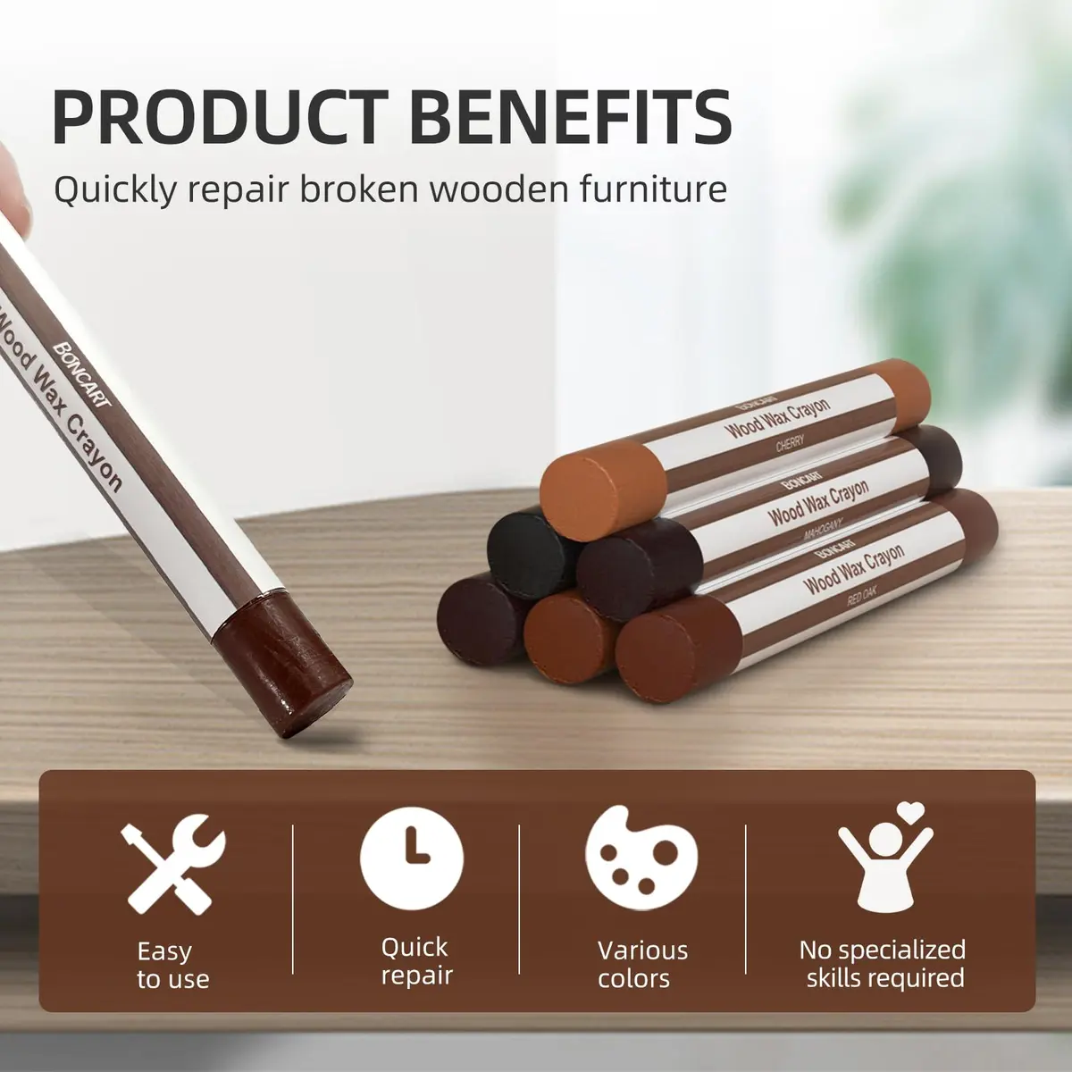 Boncart Wood Filler Sticks, 6 Colors Wood Wax Crayons | Repair Scratches, Scuffs, Cracks, and Holes on Wood Furniture, Floors, Cabinets, Tables, and Doors - view 4