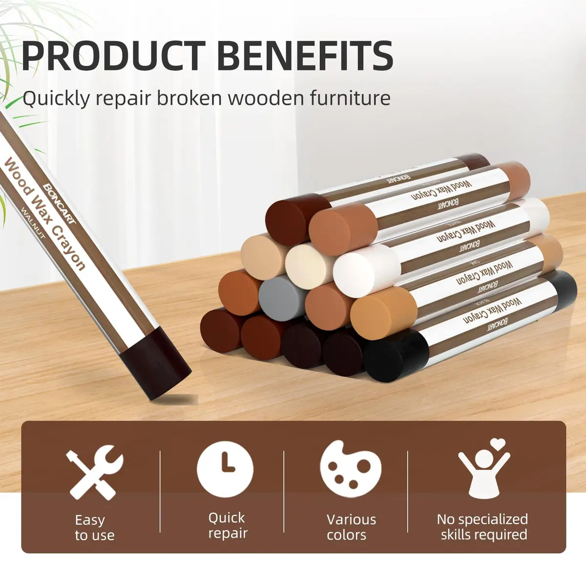 Boncart Wood Filler Sticks 12 Colors | Repair Scratches, Scuffs, Cracks, and Nail Holes on Wood Furniture, Floors, Cabinets, Tables, and Doors - view 5