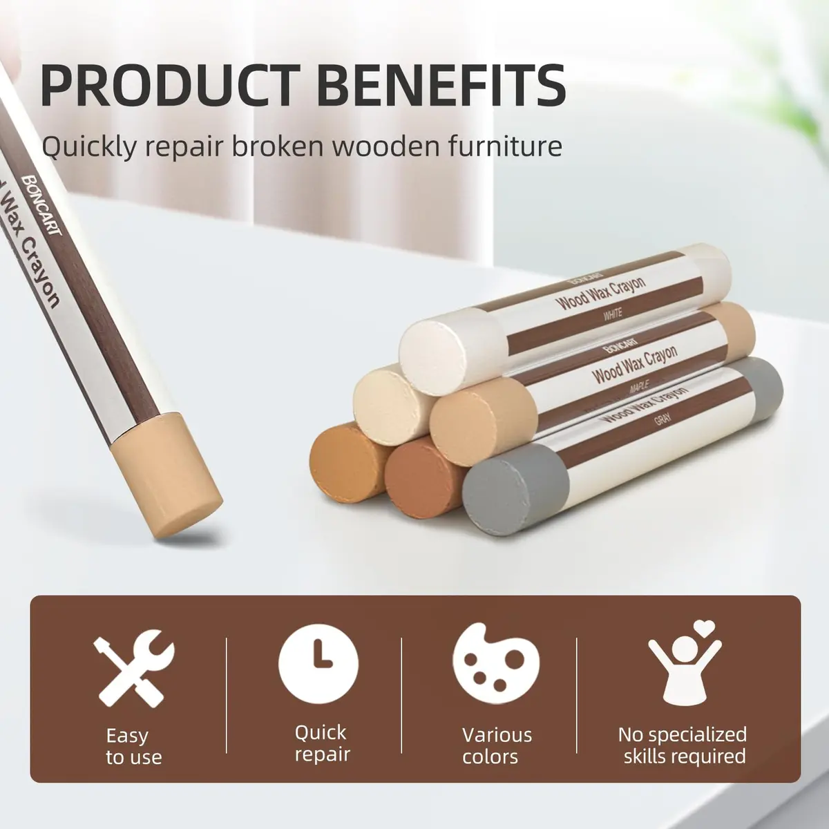 Boncart Wood Filler Sticks, 6 Colors Wood Wax Crayons | Easy Repair Scratches, Scuffs, Cracks & Holes on Furniture, Floors, Cabinets, Tables, Doors - view 5