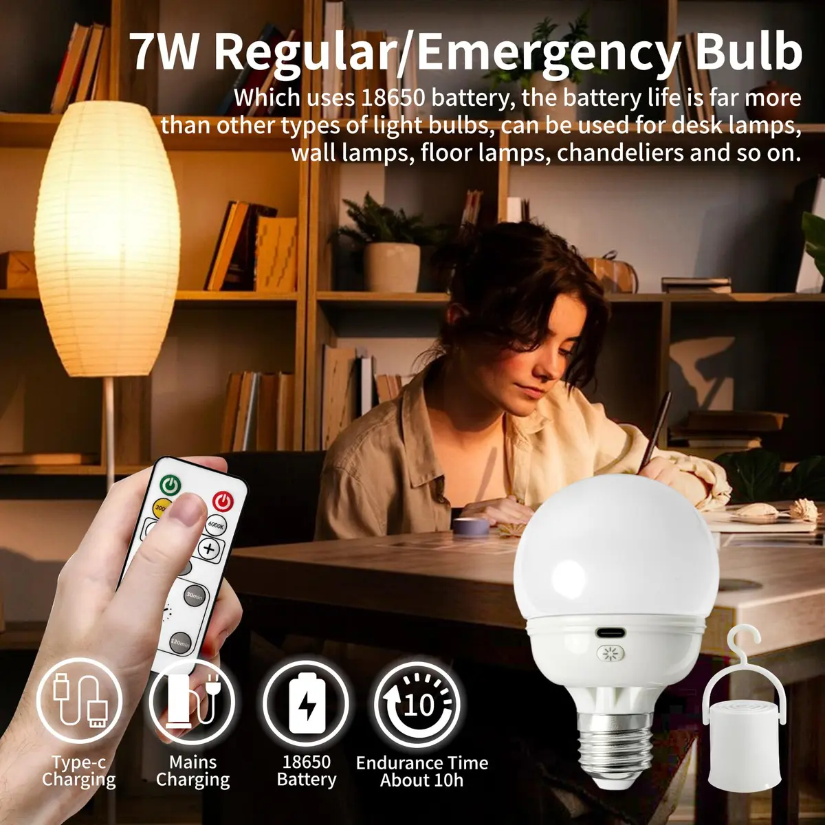 LOCZAR Rechargeable LED Light Bulb with Remote | Battery Operated, Dimmable, Warm White 3000K, E26 Base, Power Outage Ready - view 4