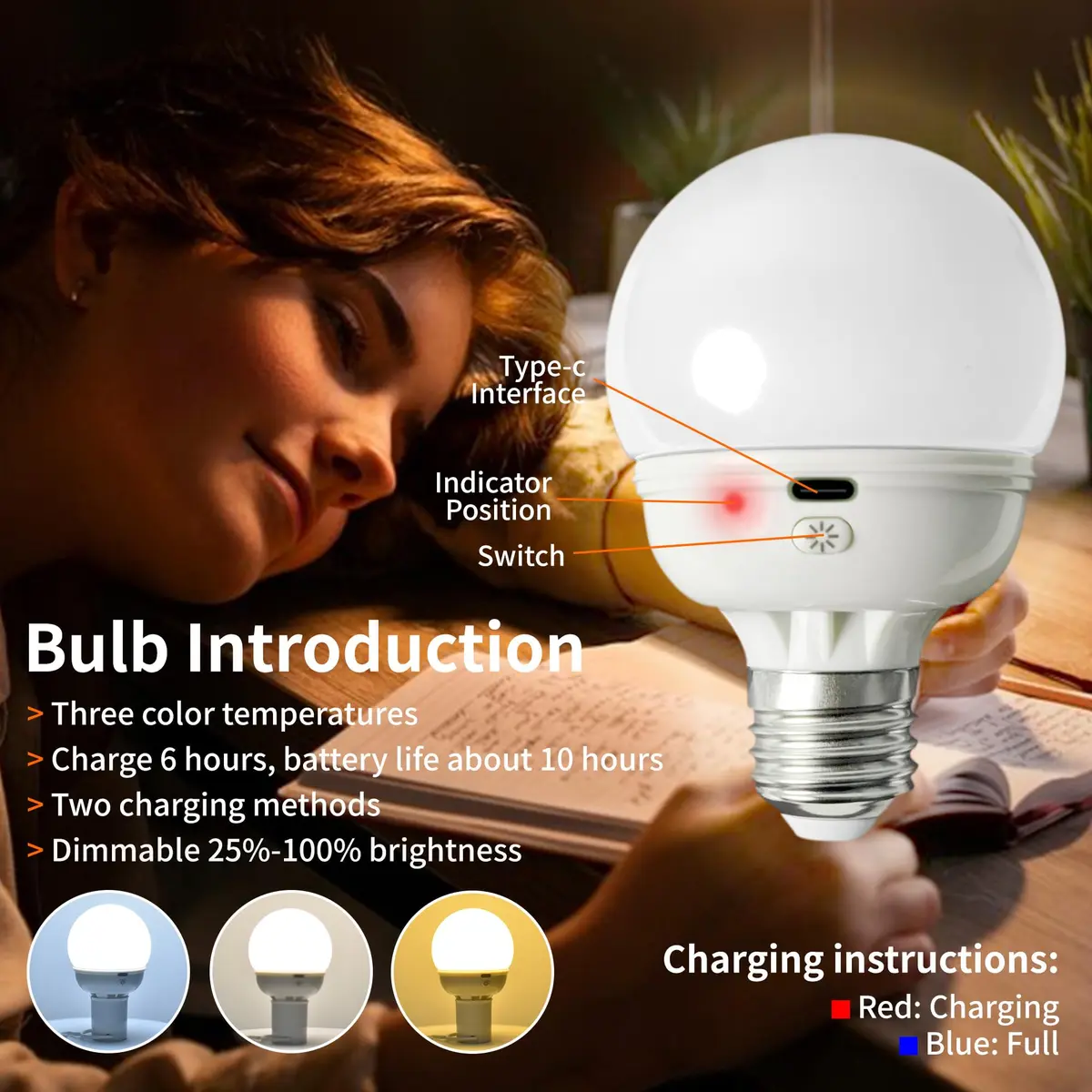 LOCZAR Rechargeable LED Light Bulb with Remote | Battery Operated, Dimmable, Warm White 3000K, E26 Base, Power Outage Ready - view 2