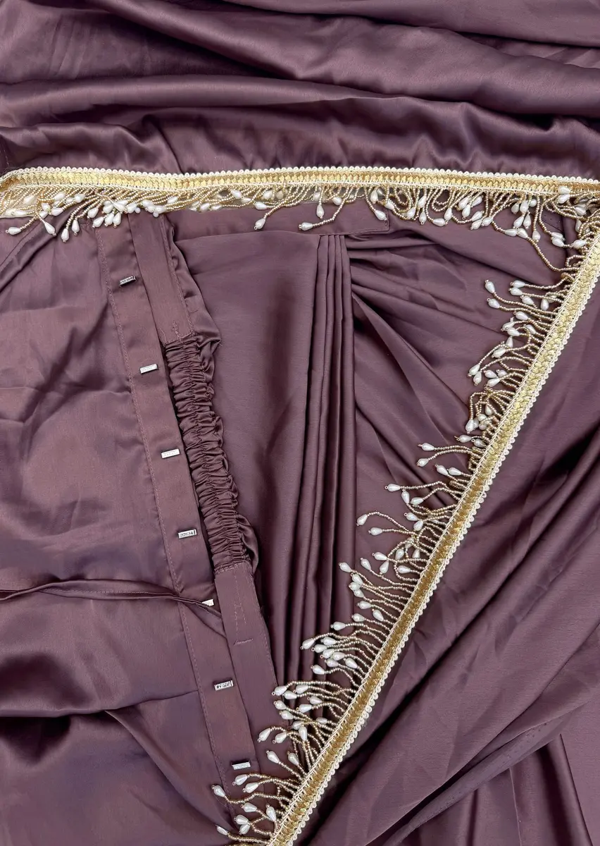 SATAZ Ready to Wear Satin Silk Saree with Pearl Tassels & Belt - Rose Gold, 5.5m (18.04 ft) - view 5
