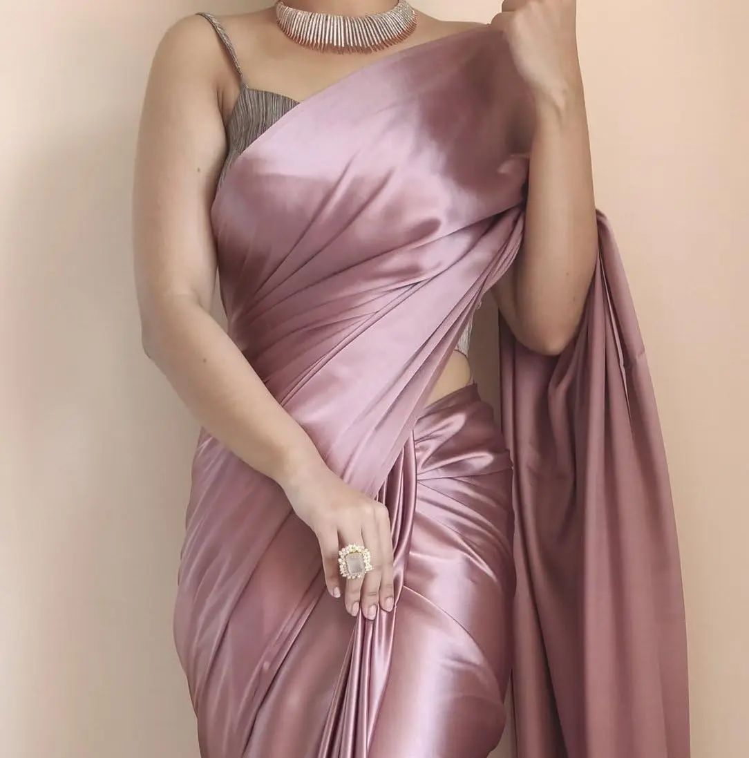 SATAZ Ready to Wear Satin Silk Saree with Pearl Tassels & Belt - Rose Gold, 5.5m (18.04 ft) - view 2