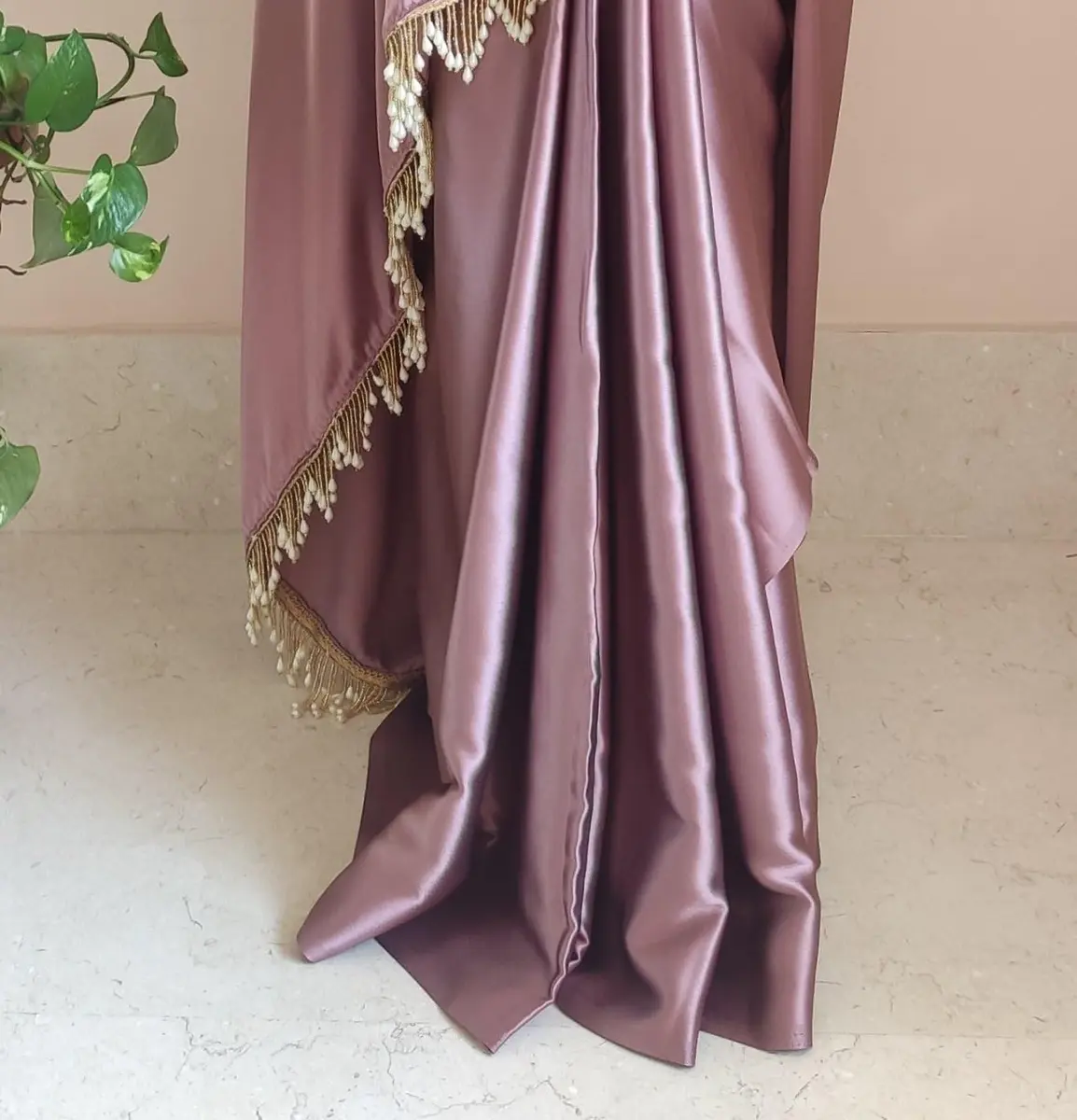 SATAZ Ready to Wear Satin Silk Saree with Pearl Tassels & Belt - Rose Gold, 5.5m (18.04 ft) - view 3