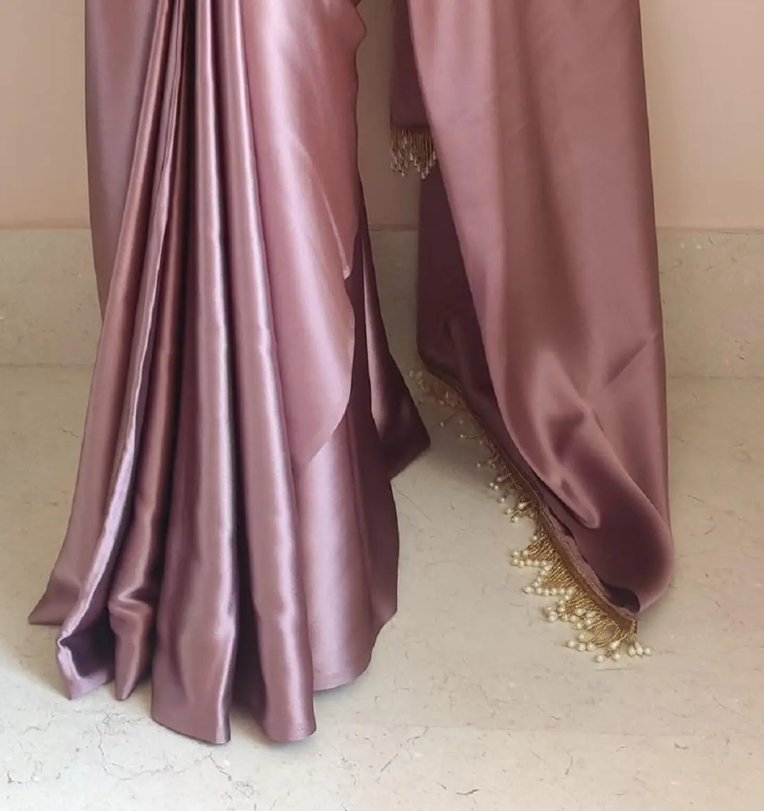 SATAZ Ready to Wear Satin Silk Saree with Pearl Tassels & Belt - Rose Gold, 5.5m (18.04 ft) - view 4