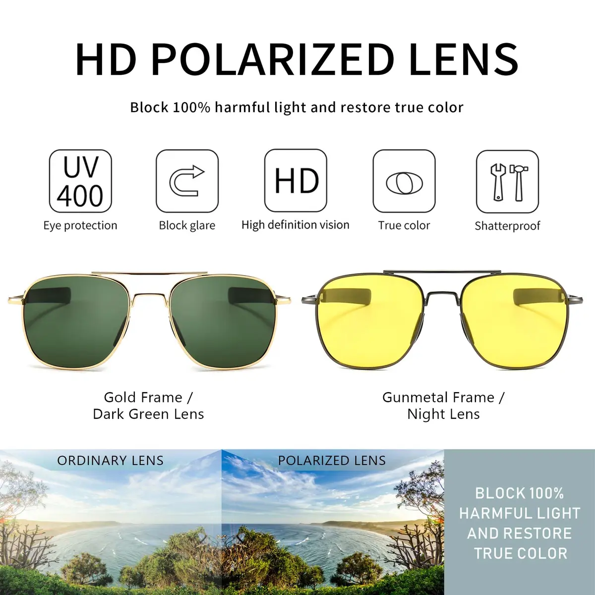 SUNGAIT Men's Military Style Polarized Pilot Aviator Sunglasses with Bayonet Temples | HD Polarized Lens - view 2