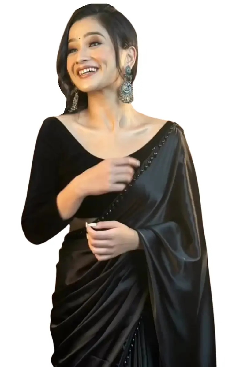 SATAZ Women's Ready to Wear Satin Silk Saree with Designer Lace - Black, 5.5m (18 ft) | Pre-Pleated for Instant Style - main product image