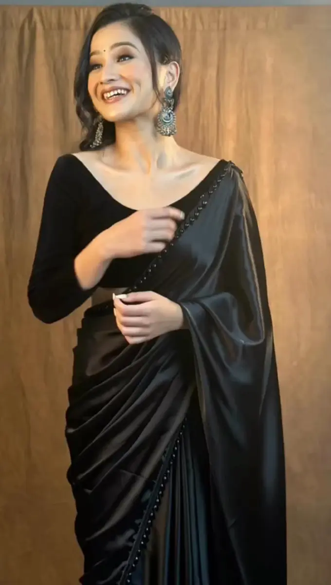 SATAZ Women's Ready to Wear Satin Silk Saree with Designer Lace - Black, 5.5m (18 ft) | Pre-Pleated for Instant Style - view 3